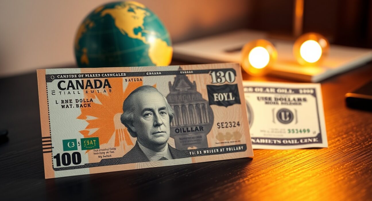 Canadian and US dollar banknotes on a desk with a globe in the background representing oil and energy markets.