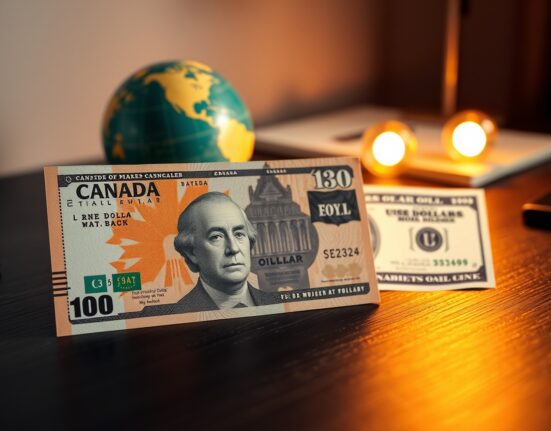 Canadian and US dollar banknotes on a desk with a globe in the background representing oil and energy markets.