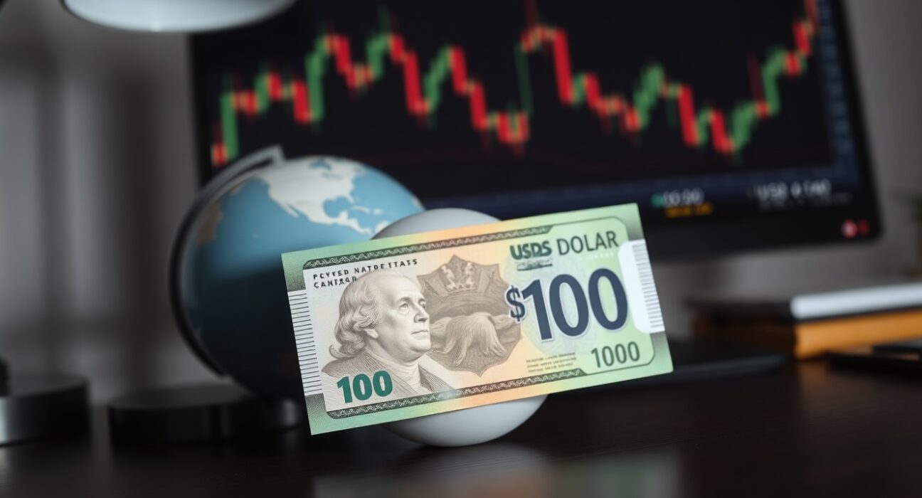 Canadian dollar banknote on desk with global map and financial chart in background