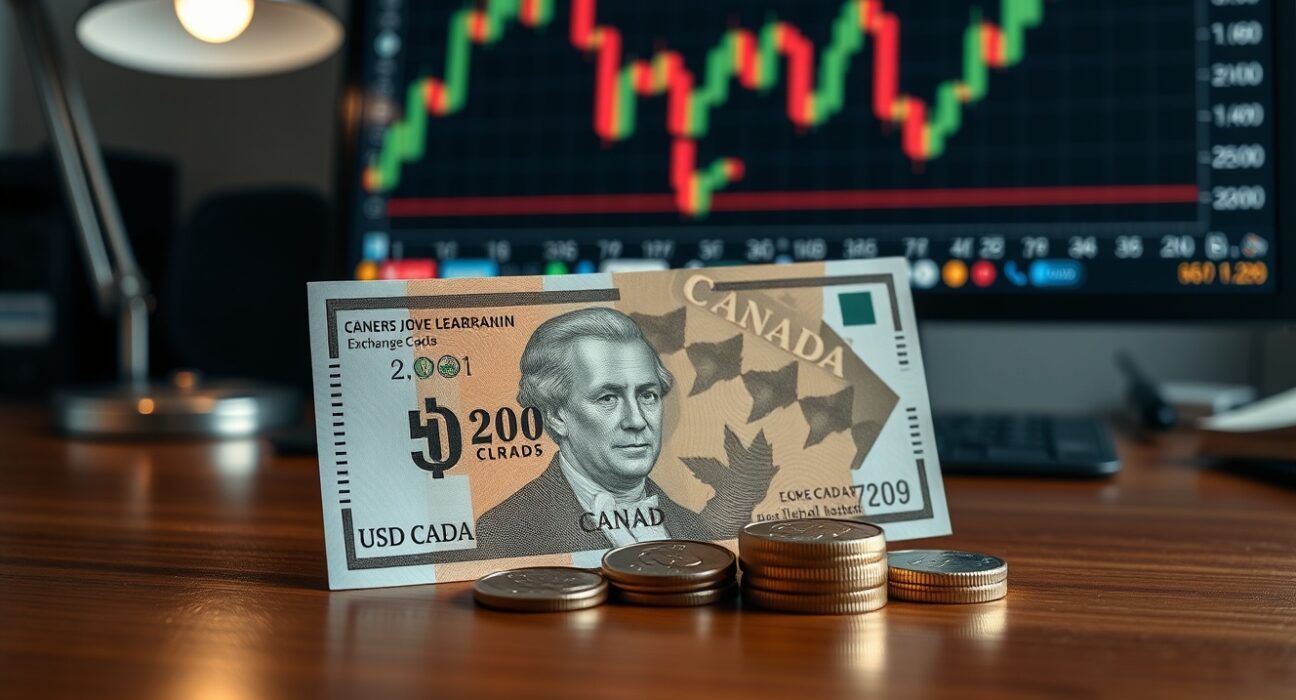 Canadian dollar banknotes and coins on a desk with a forex chart in the background.