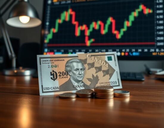 Canadian dollar banknotes and coins on a desk with a forex chart in the background.