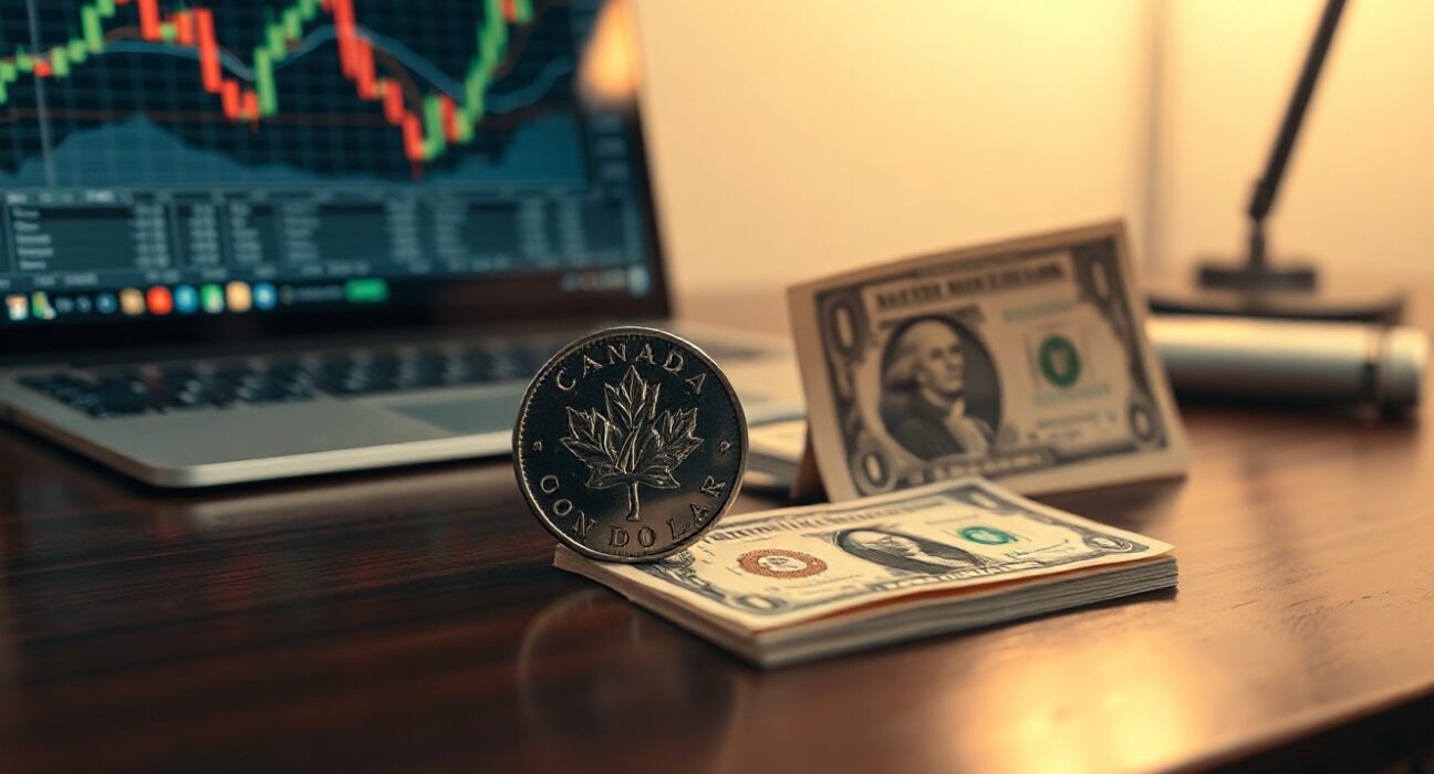 Canadian loonie coin and US dollar bill on a desk with a financial chart in background