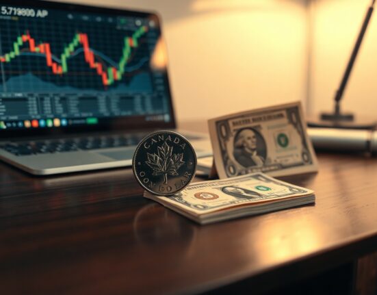 Canadian loonie coin and US dollar bill on a desk with a financial chart in background