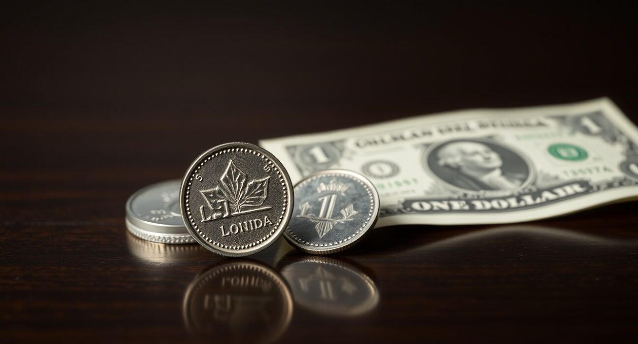 Canadian loonie coin and US dollar bill side by side on a dark surface, representing forex trading and currency comparison.