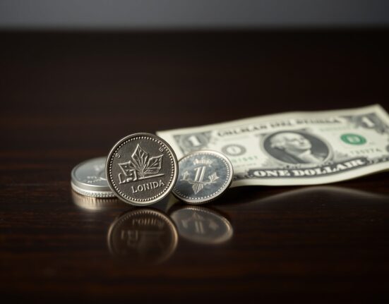 Canadian loonie coin and US dollar bill side by side on a dark surface, representing forex trading and currency comparison.