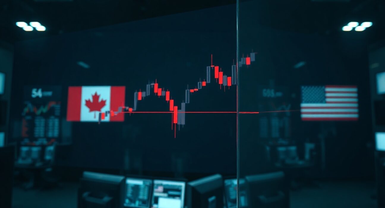 Financial market chart on a trading screen with Canadian and US flags reflected, symbolizing USD/CAD currency analysis.
