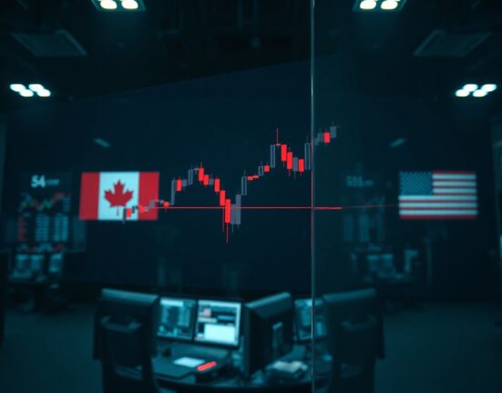 Financial market chart on a trading screen with Canadian and US flags reflected, symbolizing USD/CAD currency analysis.