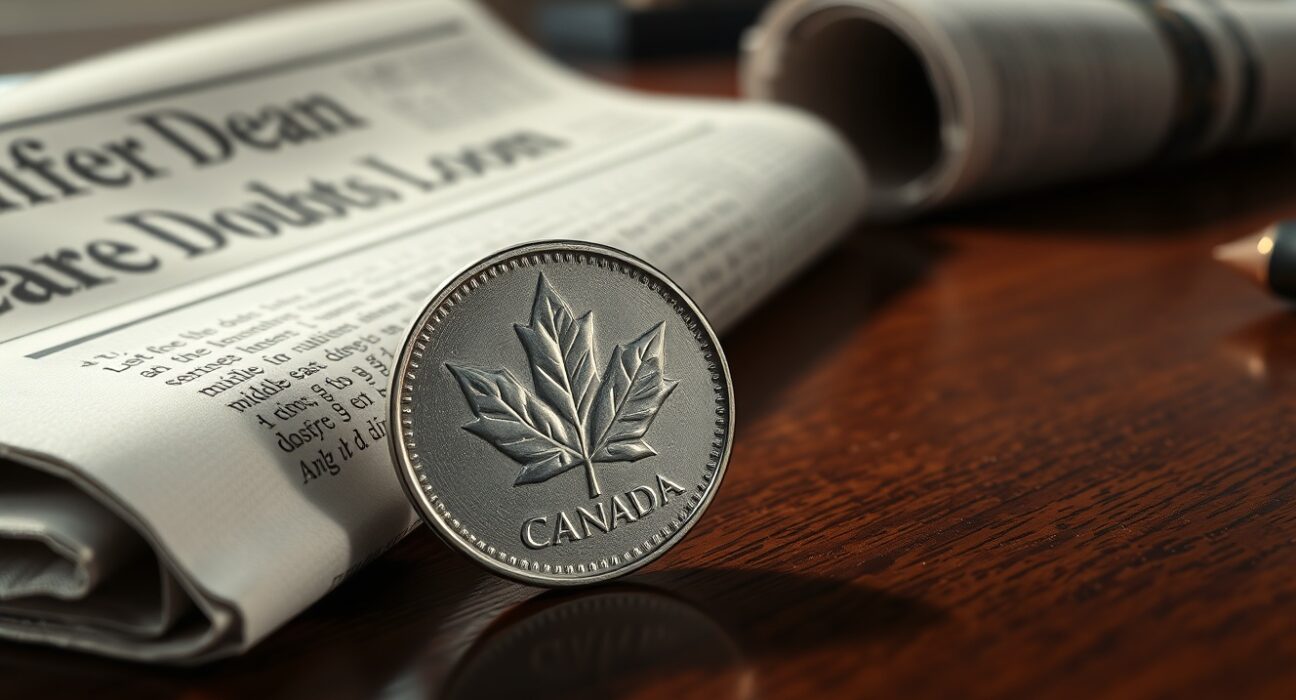 Canadian Dollar coin with newspaper headline about US-Iran ceasefire uncertainty impacting currency markets.