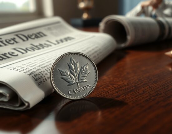 Canadian Dollar coin with newspaper headline about US-Iran ceasefire uncertainty impacting currency markets.