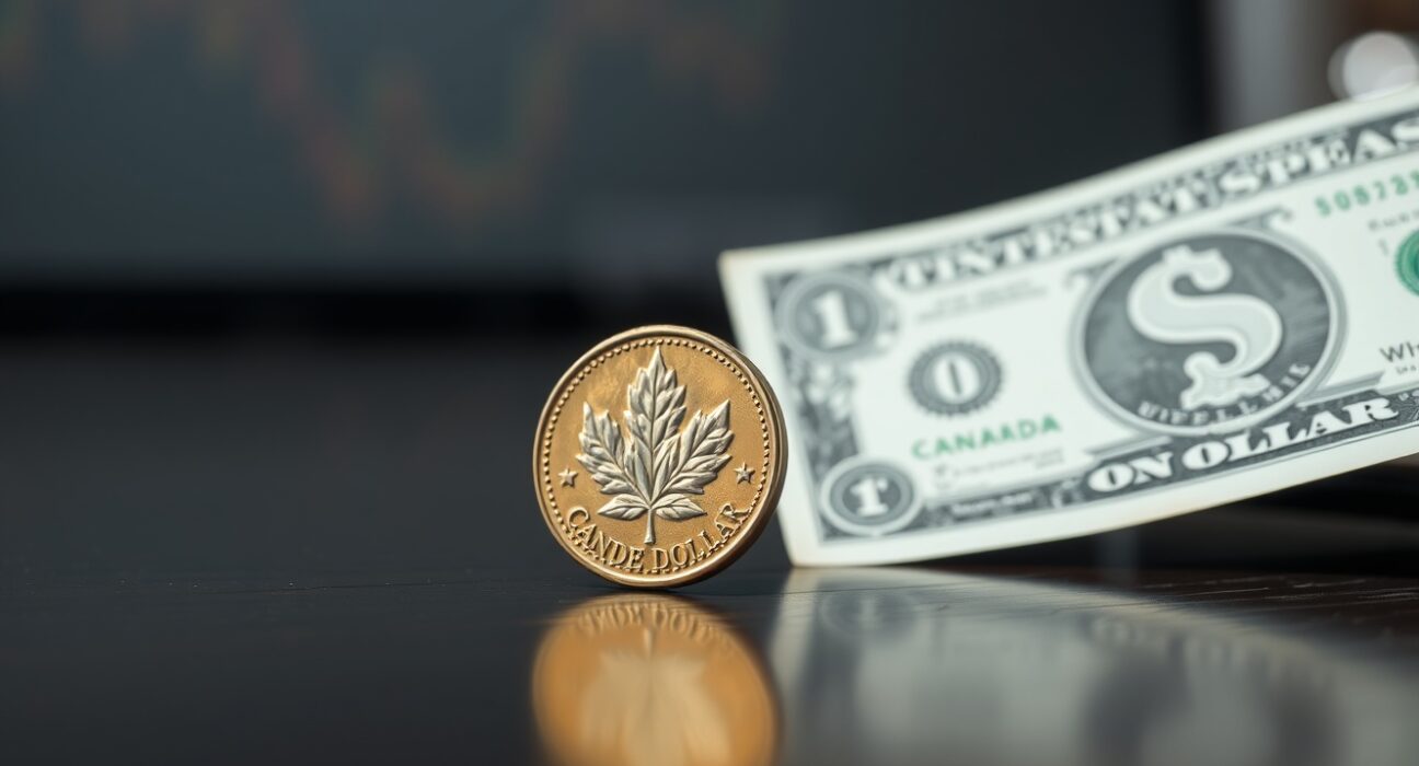 Canadian loonie coin and US dollar bill on a dark surface representing forex market ahead of Fed decision.