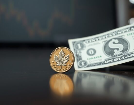 Canadian loonie coin and US dollar bill on a dark surface representing forex market ahead of Fed decision.