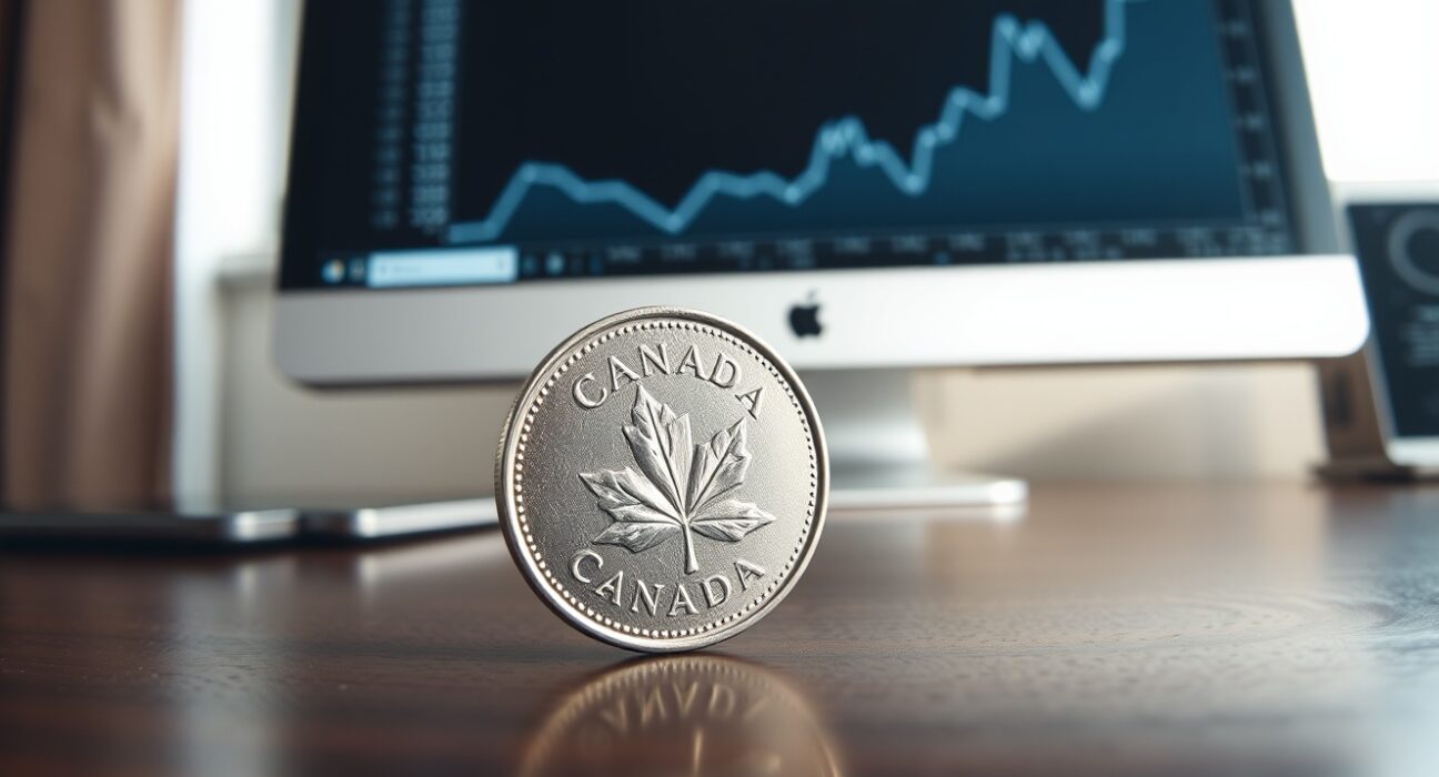 Canadian Dollar coin with financial chart background representing pre-inflation data market strength.