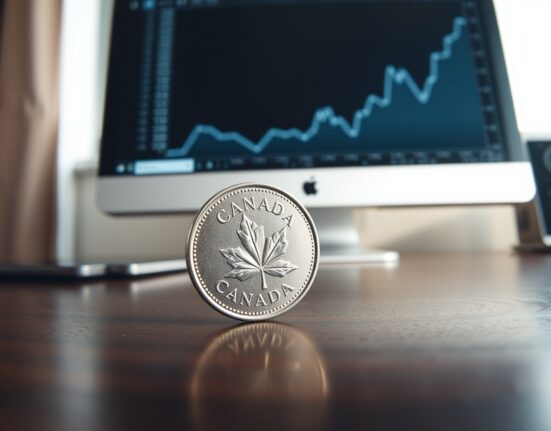 Canadian Dollar coin with financial chart background representing pre-inflation data market strength.