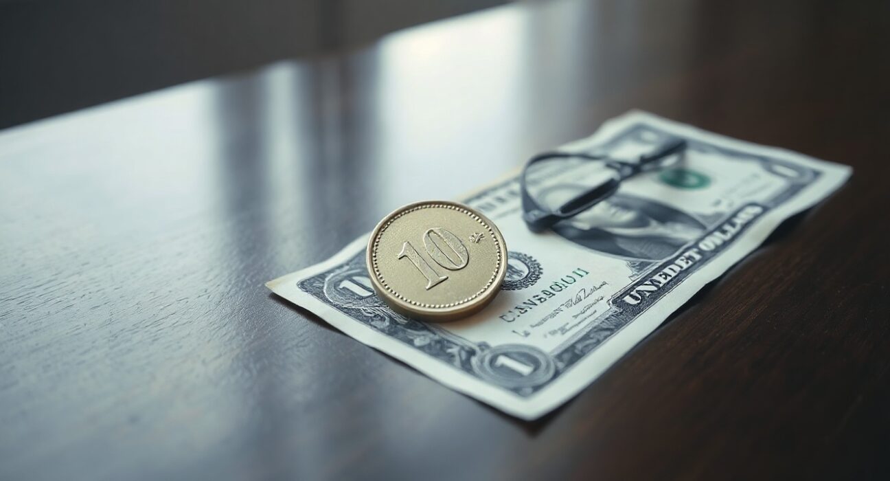Canadian loonie coin and US dollar bill on a wooden surface representing forex exchange rates.
