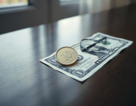 Canadian loonie coin and US dollar bill on a wooden surface representing forex exchange rates.