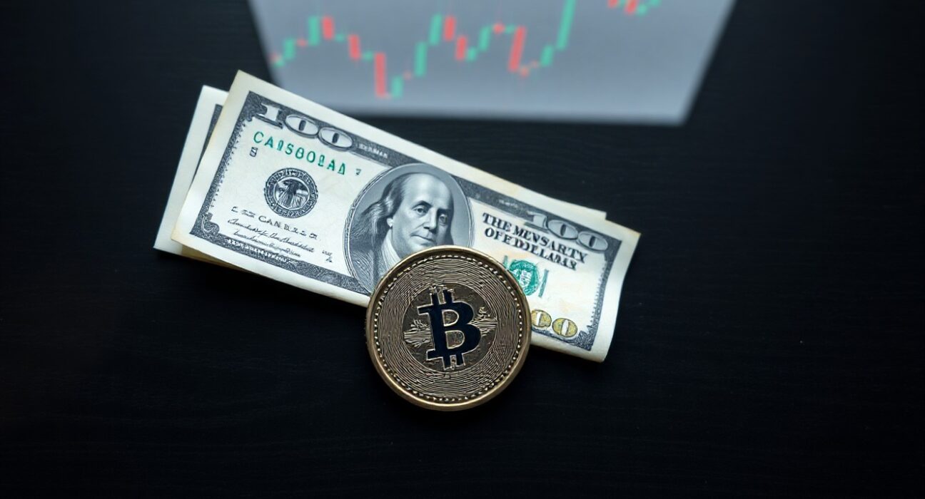 Canadian dollar coin and US dollar bill on wooden surface with stock chart reflection