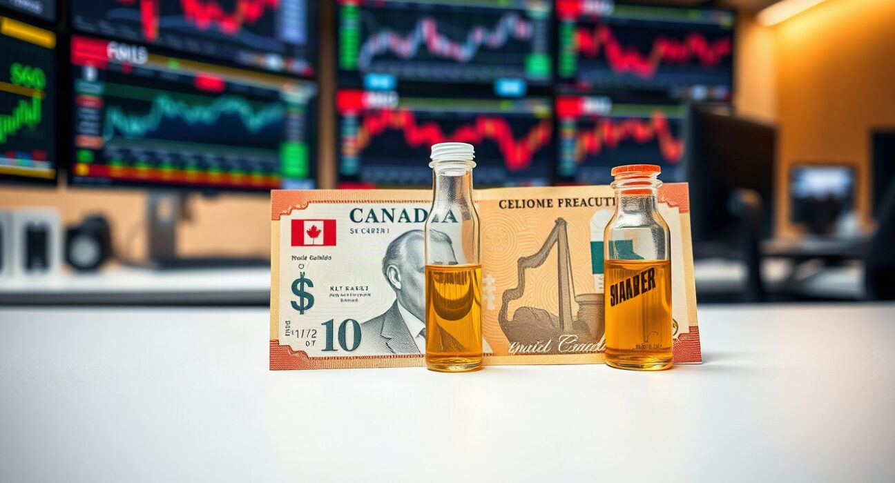 Canadian dollar banknote and oil vial on a trading desk, symbolizing the currency's correlation with oil prices.