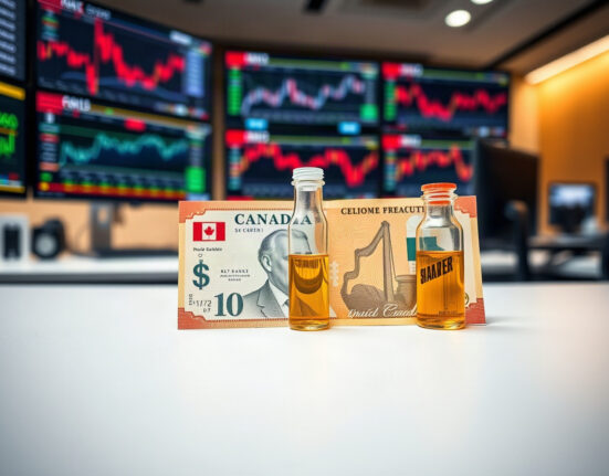 Canadian dollar banknote and oil vial on a trading desk, symbolizing the currency's correlation with oil prices.
