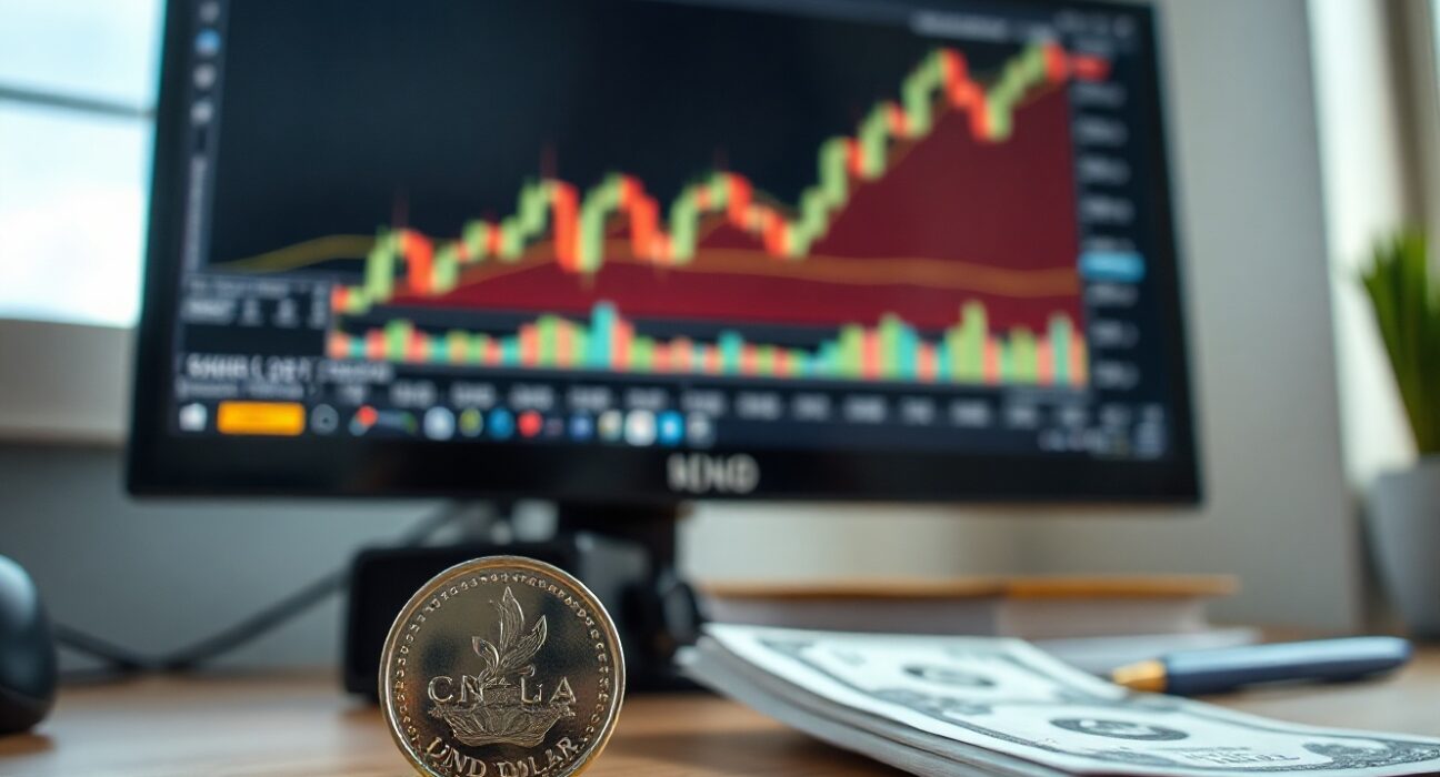 Canadian dollar and US dollar with forex chart showing upward trend