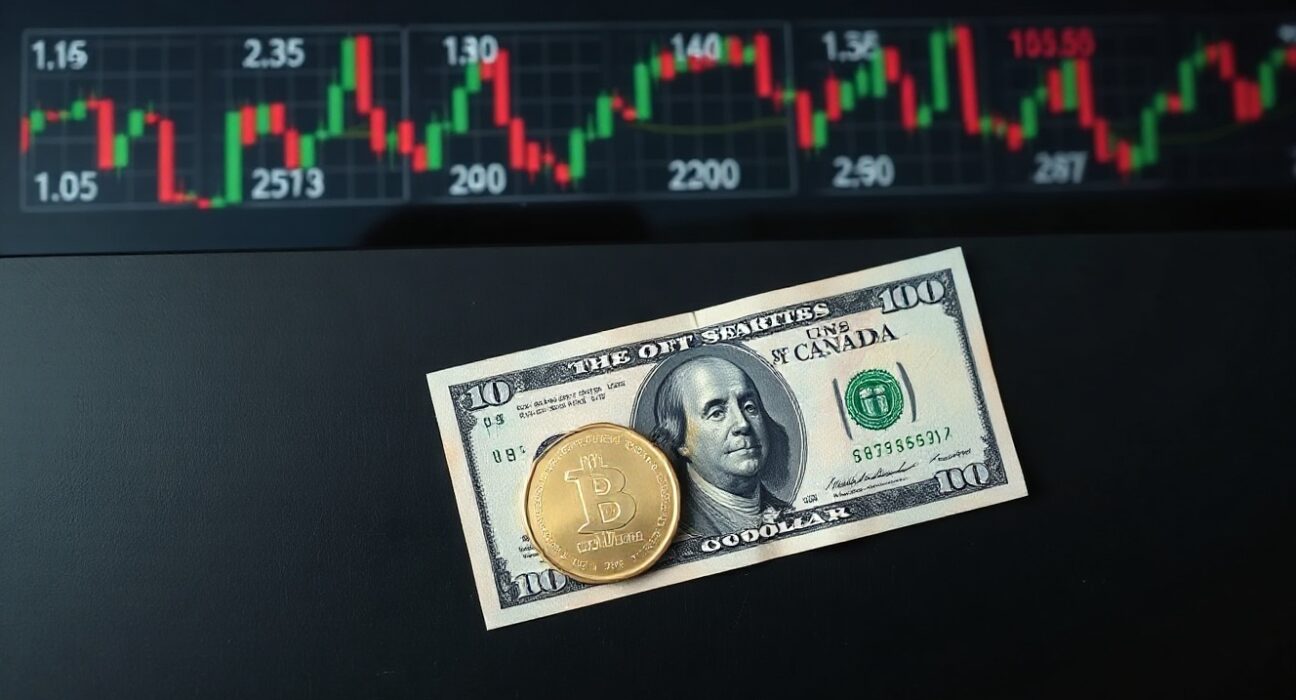 Canadian dollar coin and US dollar bill on a table with a background of financial charts.
