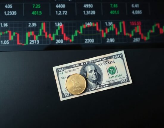 Canadian dollar coin and US dollar bill on a table with a background of financial charts.
