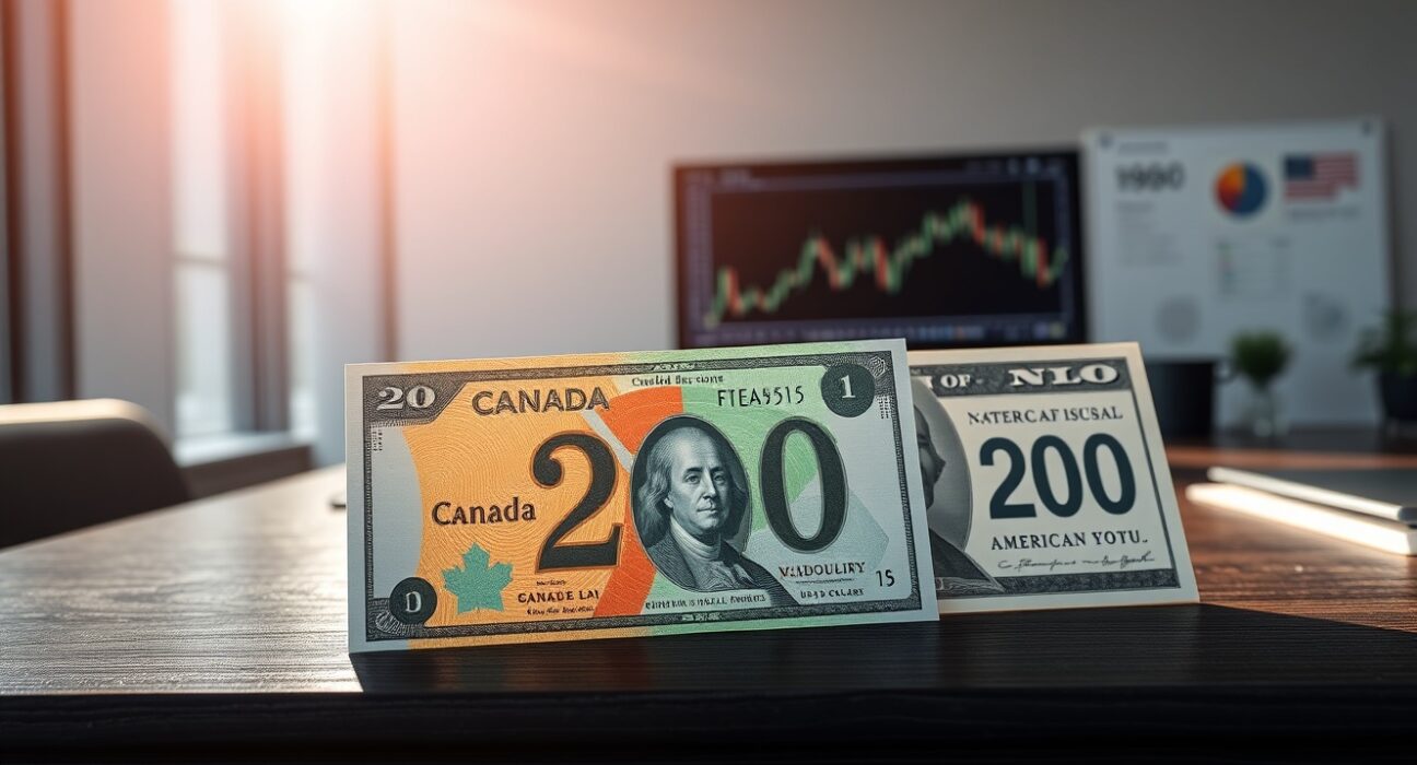 Canadian Dollar and US Dollar bills compared in a financial analysis context.