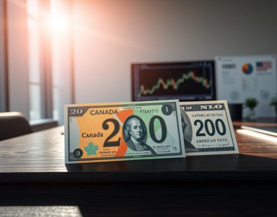 Canadian Dollar and US Dollar bills compared in a financial analysis context.