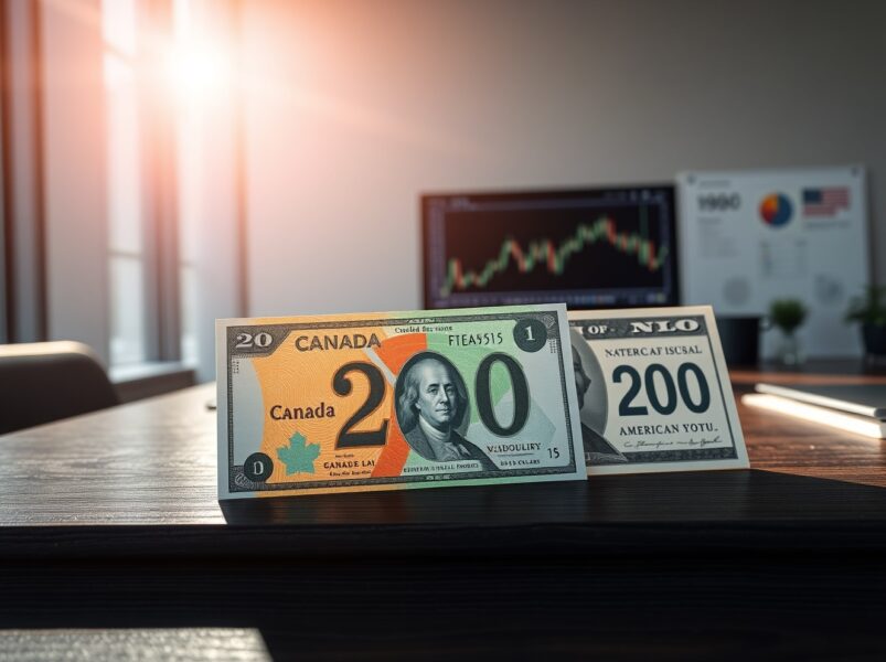 Canadian Dollar and US Dollar bills compared in a financial analysis context.