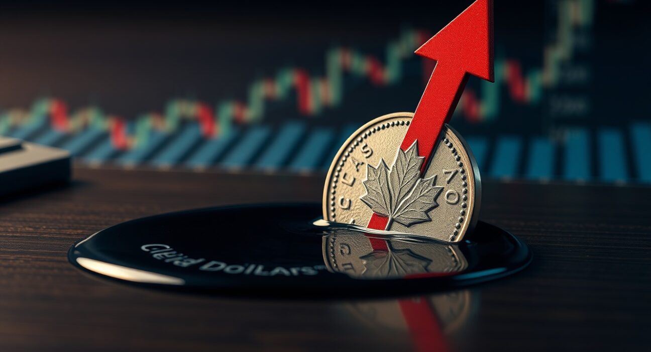 Canadian dollar coin partially submerged in oil with downward chart arrow, representing subdued currency amid lower oil prices.