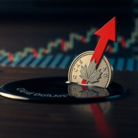 Canadian dollar coin partially submerged in oil with downward chart arrow, representing subdued currency amid lower oil prices.