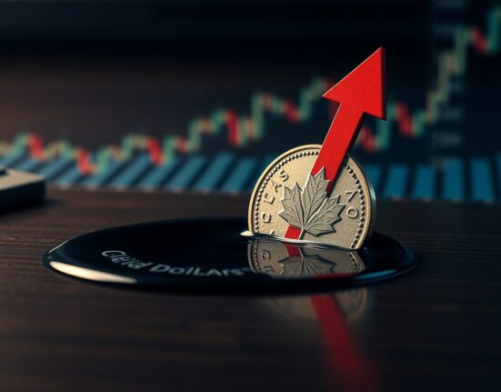 Canadian dollar coin partially submerged in oil with downward chart arrow, representing subdued currency amid lower oil prices.