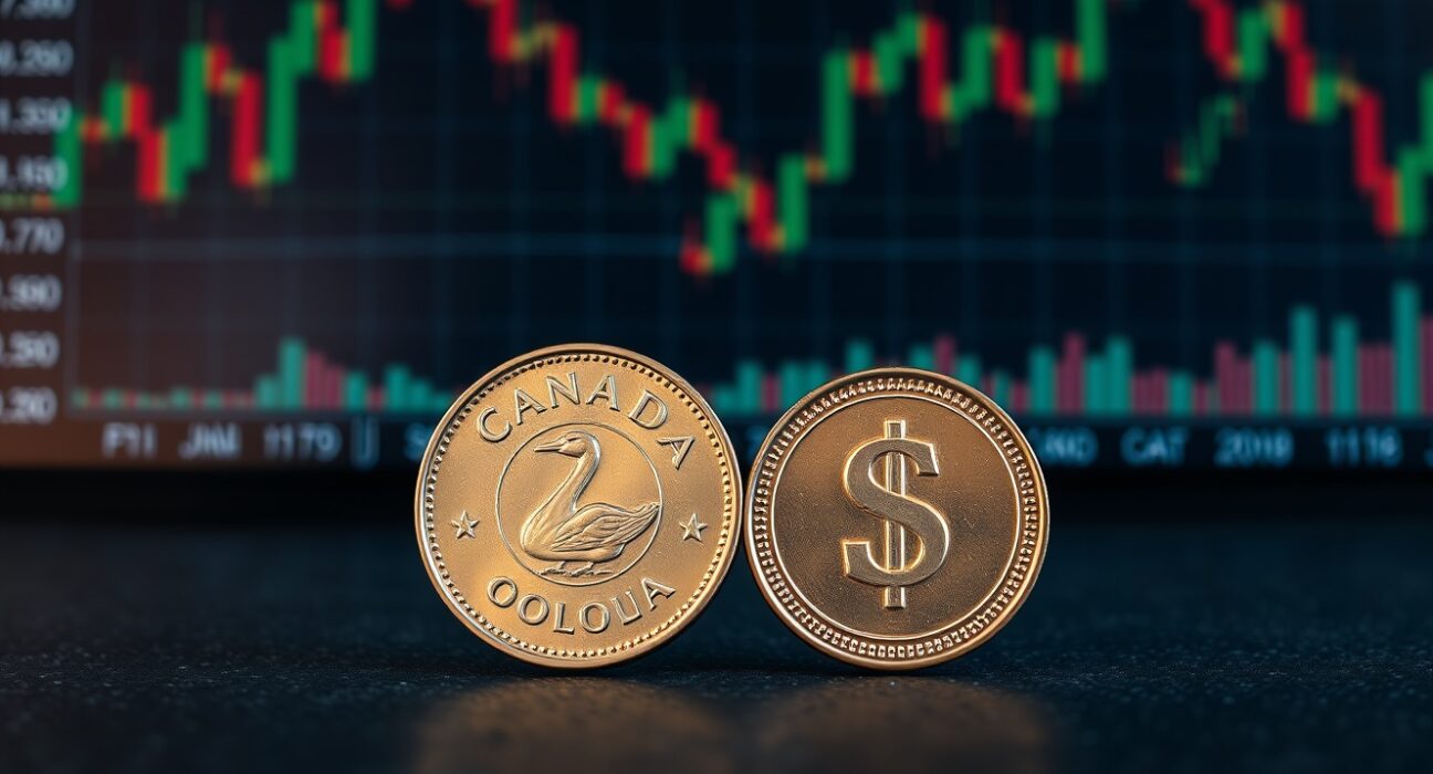 Canadian Dollar and US Dollar coins representing the currency exchange rate and market analysis.