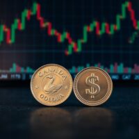 Canadian Dollar and US Dollar coins representing the currency exchange rate and market analysis.