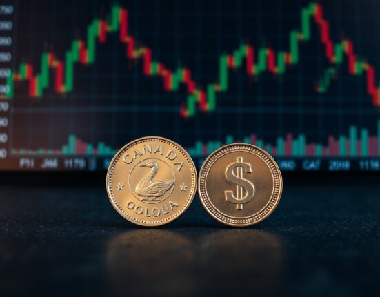 Canadian Dollar and US Dollar coins representing the currency exchange rate and market analysis.
