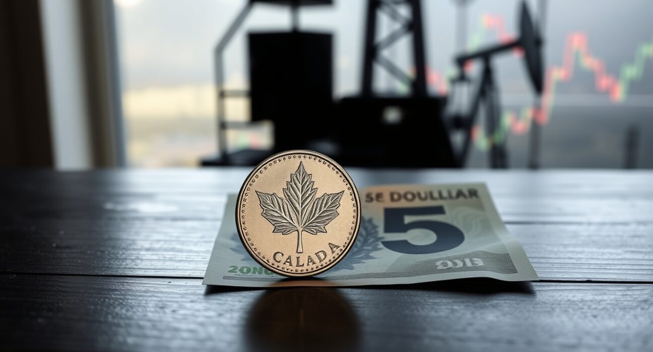 Canadian dollar coins and bills on a dark surface with an oil derrick reflection, representing CAD resilience despite lower oil prices.