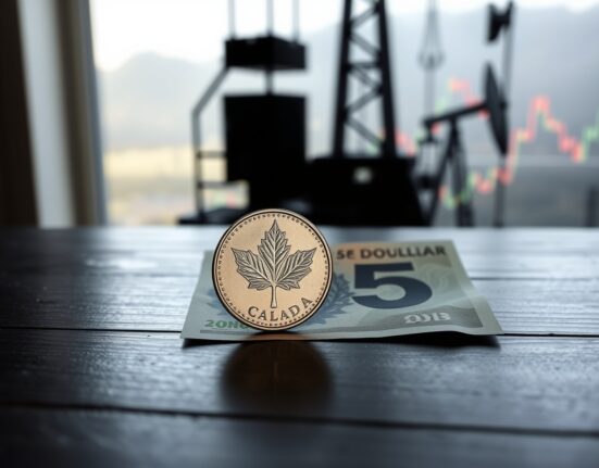 Canadian dollar coins and bills on a dark surface with an oil derrick reflection, representing CAD resilience despite lower oil prices.