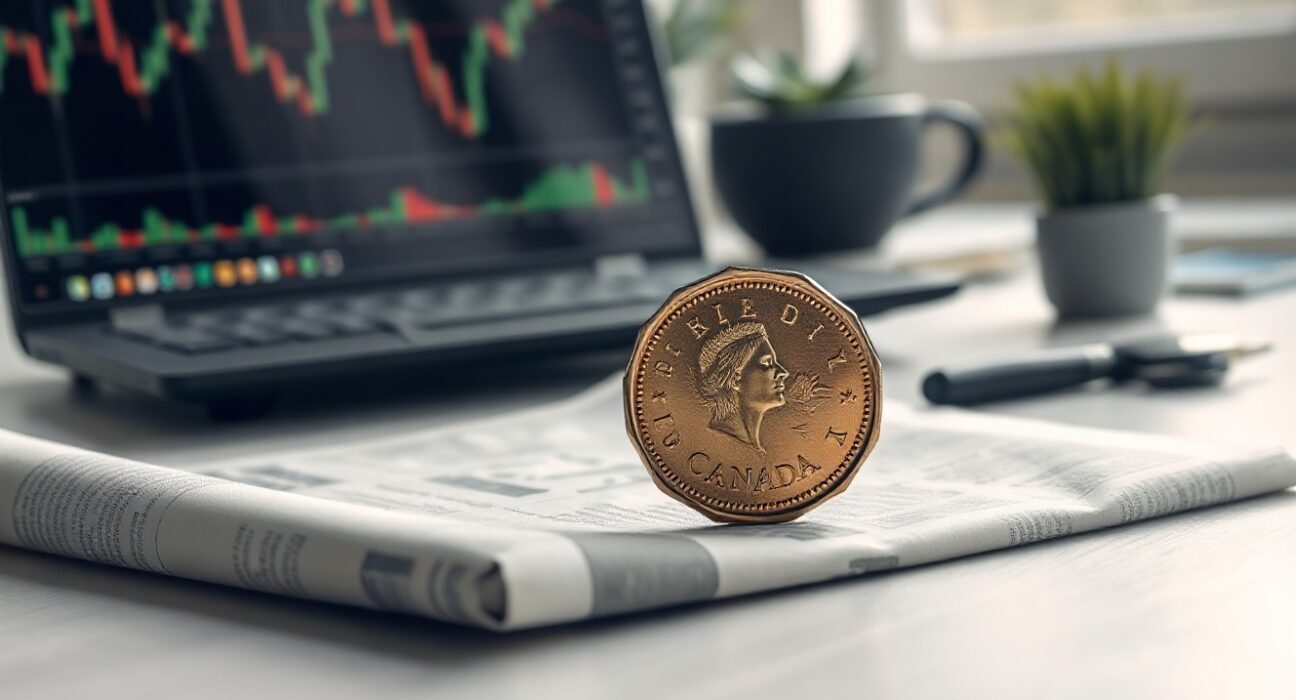 Canadian dollar coin on a financial newspaper with a laptop showing a chart in the background
