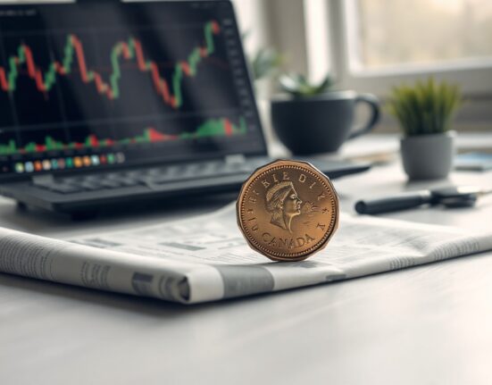 Canadian dollar coin on a financial newspaper with a laptop showing a chart in the background