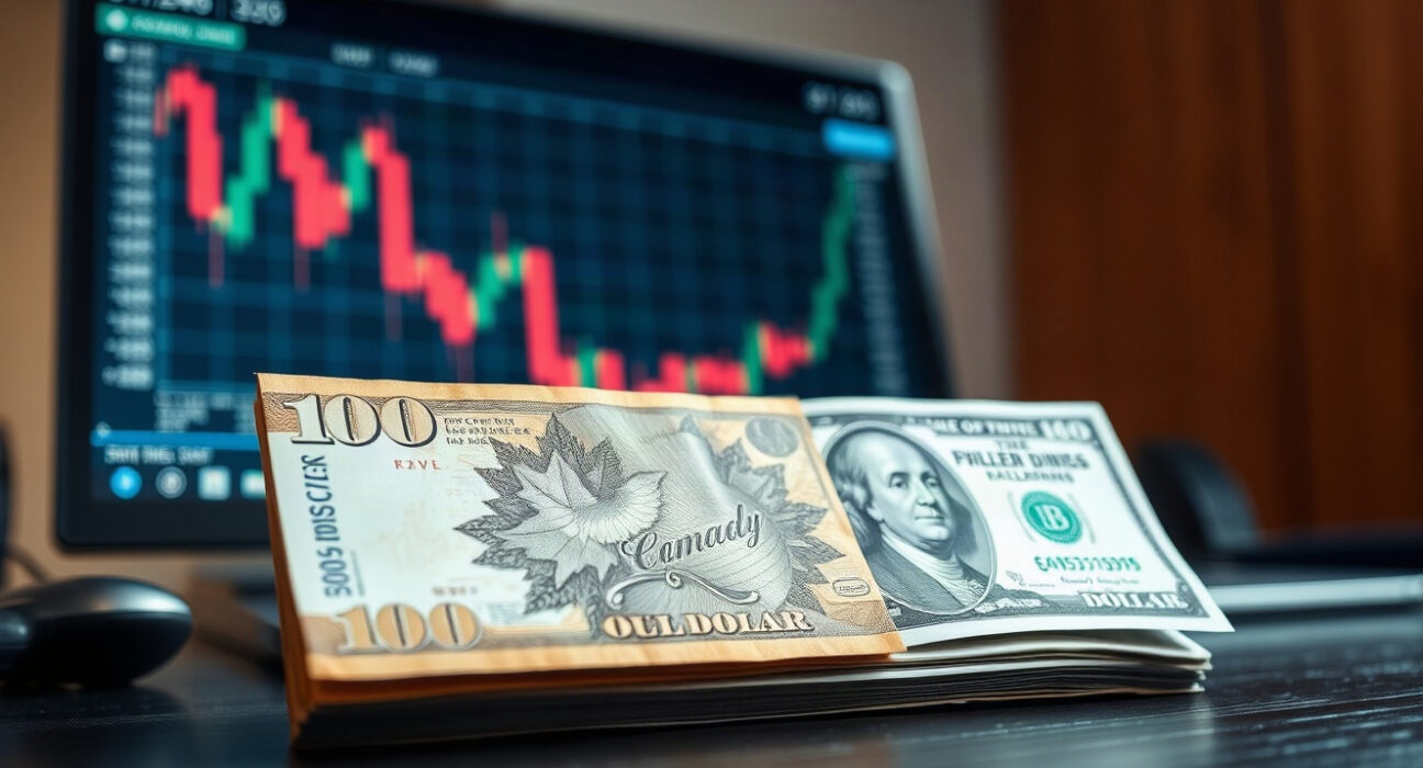 Canadian and US dollar banknotes on a desk with a financial chart in the background, symbolizing currency markets.