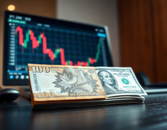 Canadian and US dollar banknotes on a desk with a financial chart in the background, symbolizing currency markets.