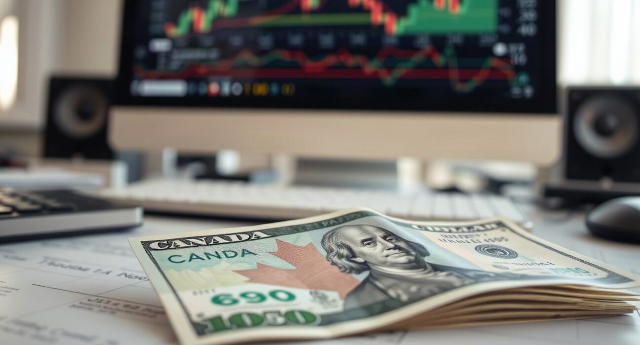 Canadian and US dollar banknotes on a financial desk with a chart in the background