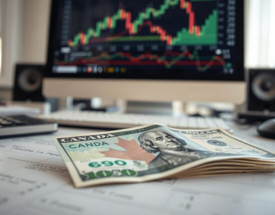 Canadian and US dollar banknotes on a financial desk with a chart in the background
