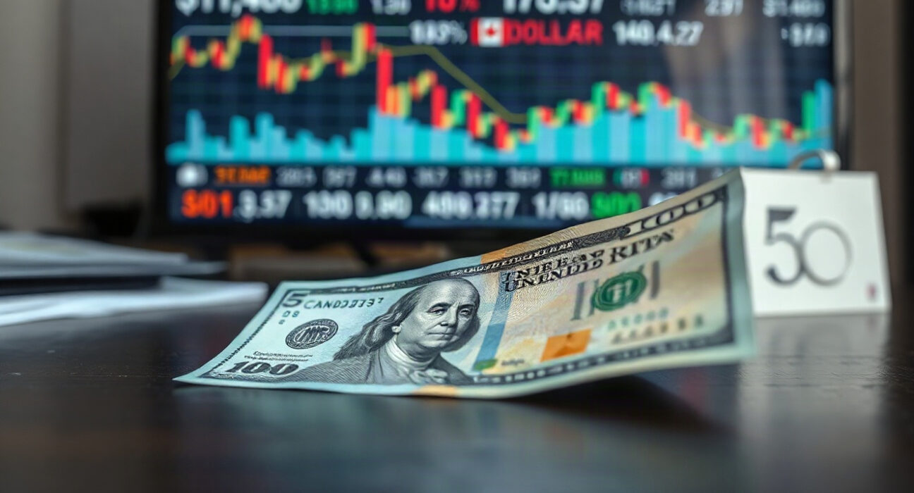 Canadian and US dollar banknotes on a desk with a financial chart in the background