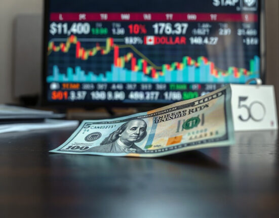 Canadian and US dollar banknotes on a desk with a financial chart in the background