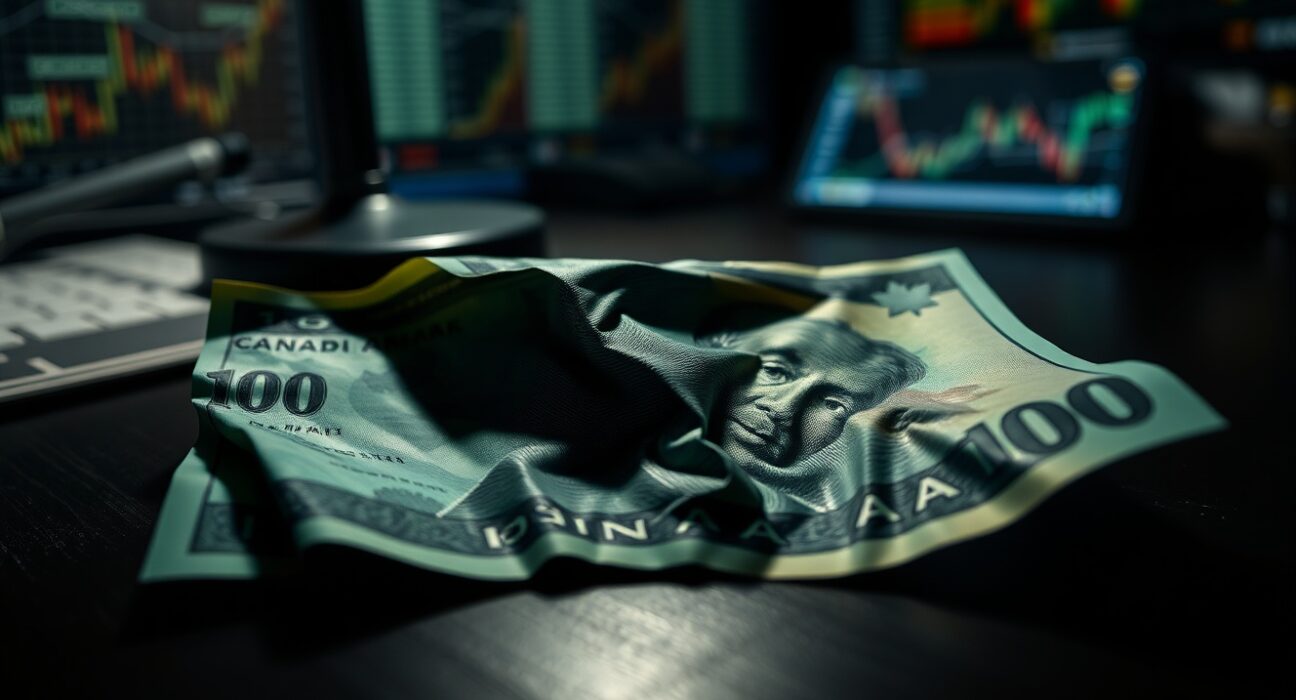 Canadian and US dollar banknotes on a dark desk with dramatic lighting, symbolizing currency volatility.