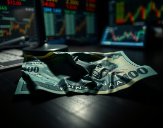 Canadian and US dollar banknotes on a dark desk with dramatic lighting, symbolizing currency volatility.