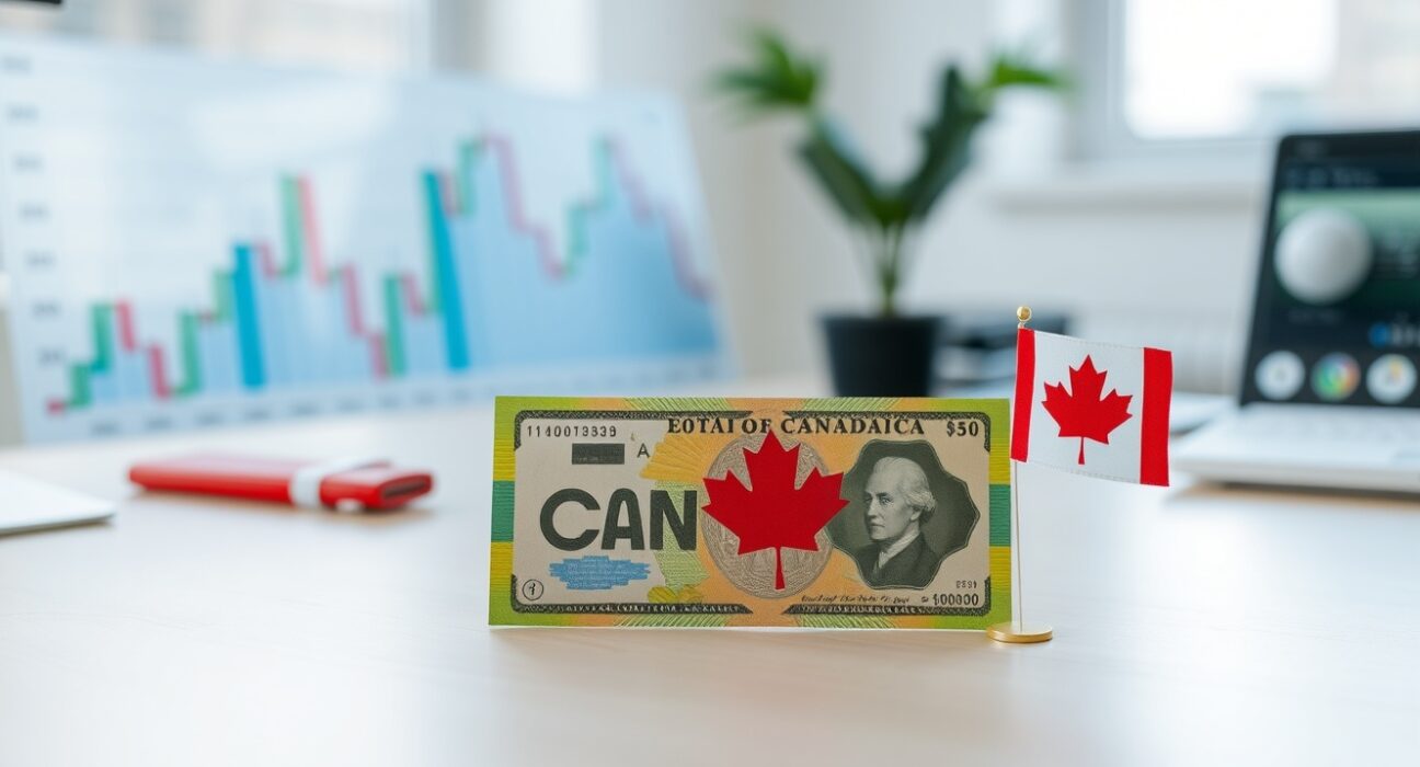 Canadian dollar banknote and small Canadian flag on a desk with a financial chart in the background