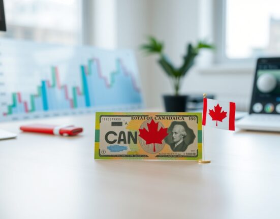 Canadian dollar banknote and small Canadian flag on a desk with a financial chart in the background