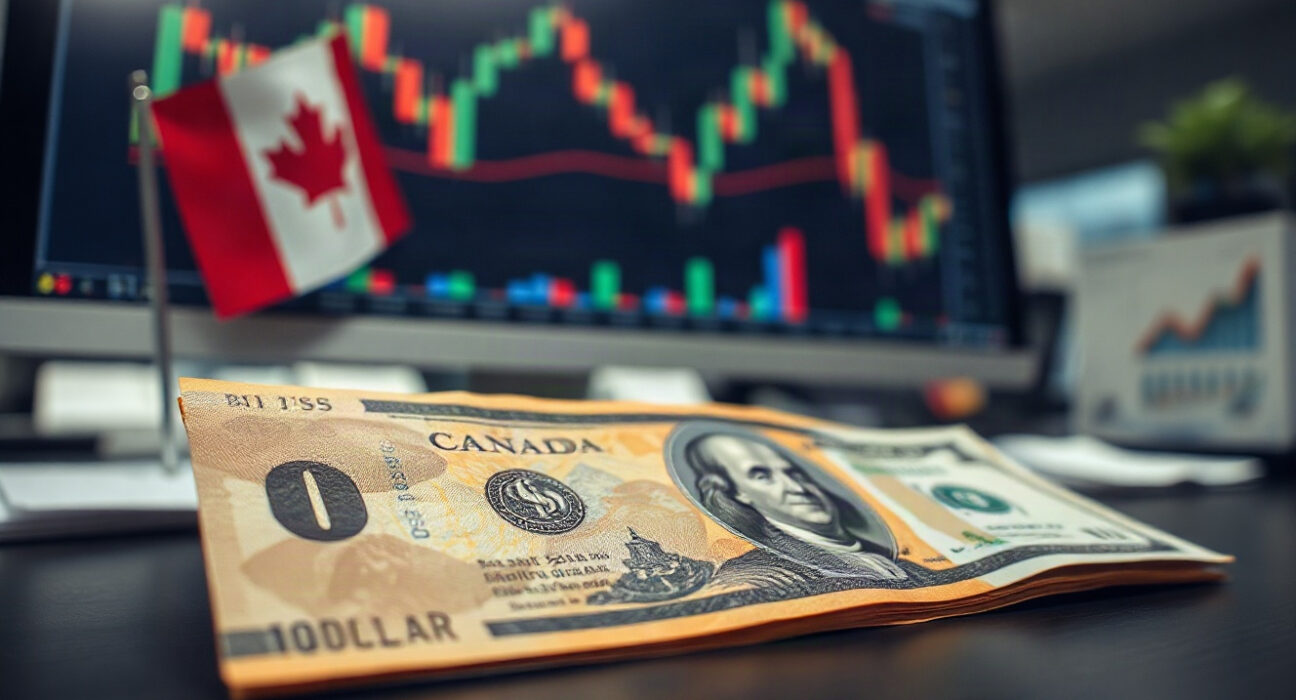 Canadian and US dollar banknotes on a desk with a financial chart in the background