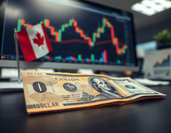 Canadian and US dollar banknotes on a desk with a financial chart in the background